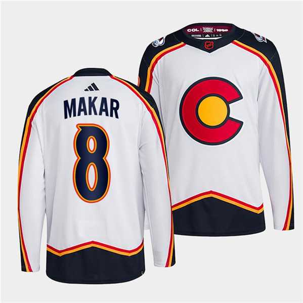 Mens Colorado Avalanche #8 Cale Makar White 2022-23 Reverse Retro Stitched Jersey Dzhi